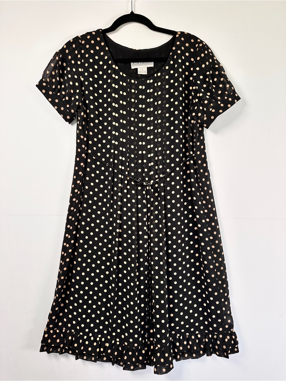 Jessica Howard Black Beige Polka Dot Ruffle Hem Midi Dress French Girl Romantic